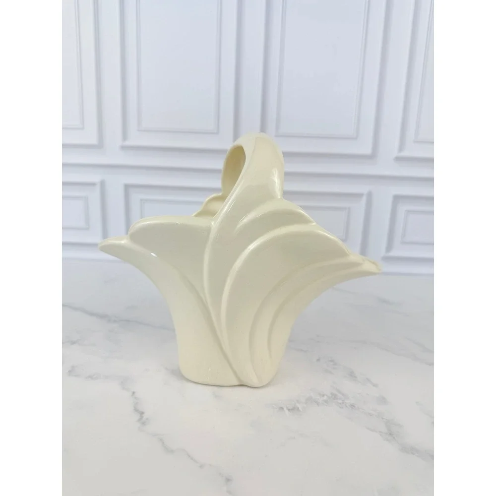 VTG Hand Glazed Ceramic White Basket 7 1/2 tall X 4 1/2 wide X 9